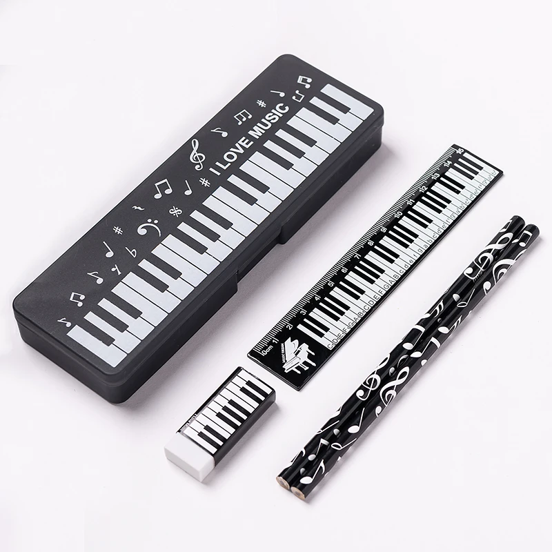 Musiknoten Feder mäppchen Set Klavier tastatur Ich liebe Musik note Bleistift Radiergummi Lineal Klavier Geschenkset Briefpapier Set