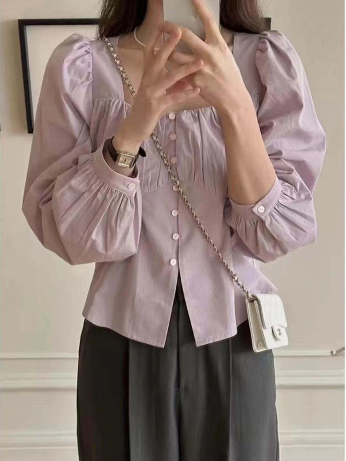 

Весна 2026: Корейская ретро-блузка с квадратным воротником, на одной пуговице, приталенная, фиолетовая, с длинным рукавом, женская, модная, в стиле Sweet Style