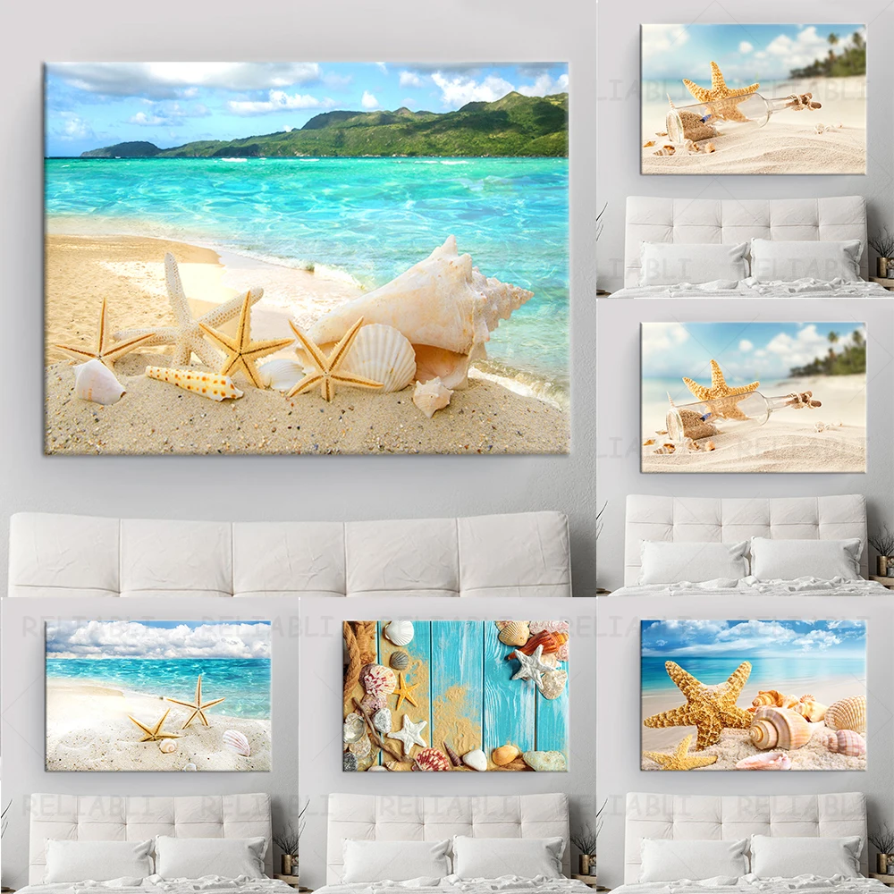 

Beach Seascape Canvas Painting Shell Sea Wall Art Starfish Seashells Wall Pictures Poster for Living Room Bedroom Office Decor