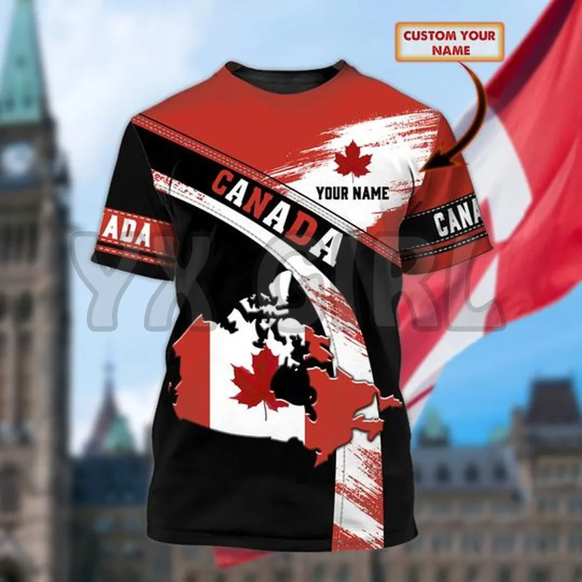 T-shirt unisexe personnalisé pour homme, estival et à la mode, avec carte et drapeau du Canada College en 3D, 2024