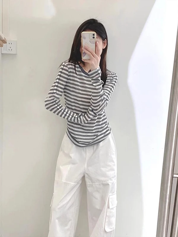 한국 스타일 루즈핏 라운드 넥 스트라이프 자외선 차단 티셔츠 여성 여름 얇은 긴 소매 패셔너블 탑 브이넥 폴리에스터...