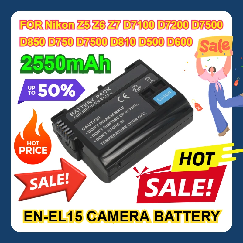 FOR Nikon Z5 Z6 Z7 D7100 D7200 D7500 D850 D750 D7500 D810 D500 D600 2550mAh EN-EL15 ENEL15 EN EL15 CAMERA BATTERY