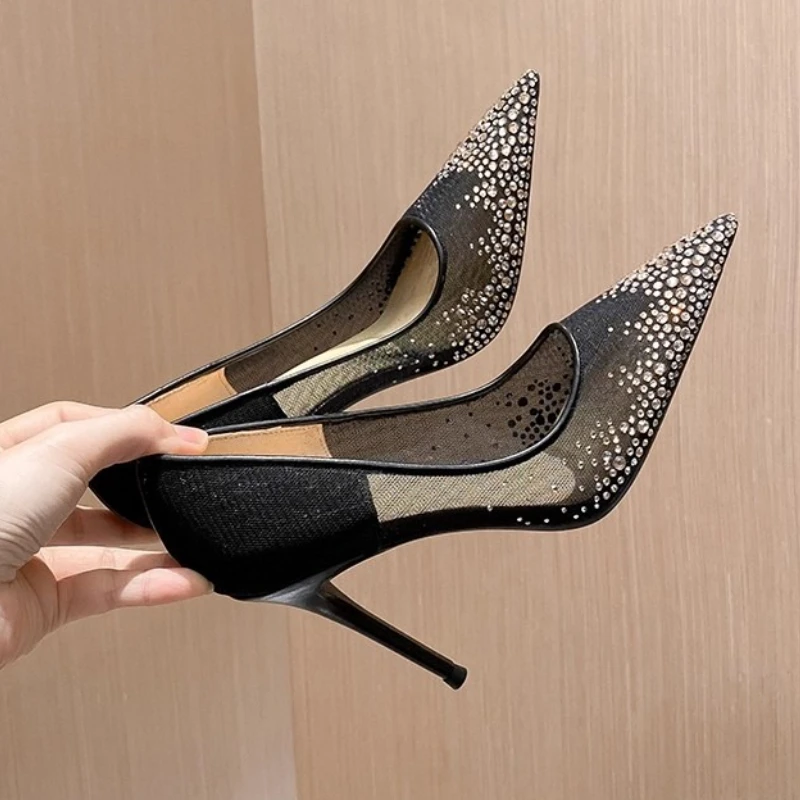 

Women's high heels and single shoes for spring and summer new mesh diamond fashion banquet pointed women's shallow mouth shoes