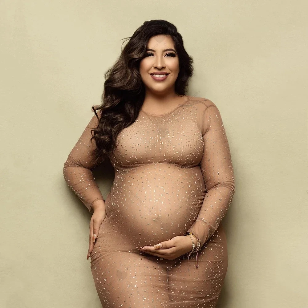 New Transparent Maternity Photography Gowns Sparkling Rhinestone Elastic Mesh Fashion Sexy Dress Pregnant Women For Photo Shoot