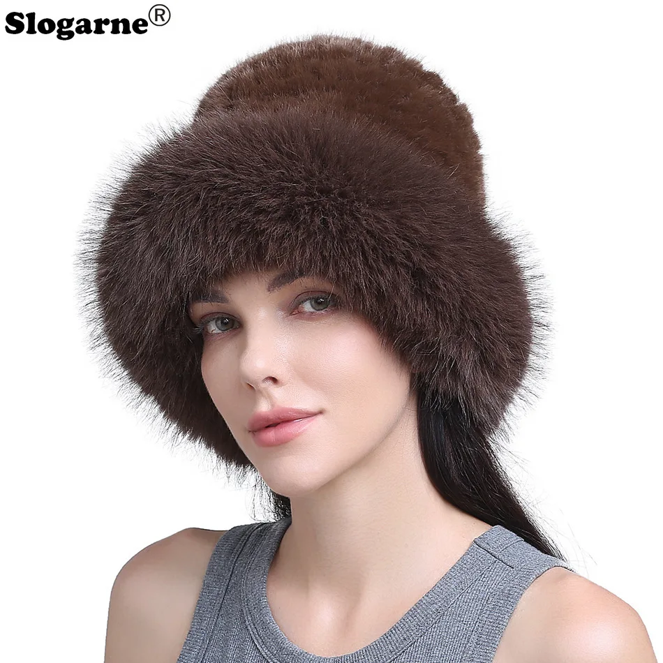 Damen Winter Luxus Gestrickte Nerzfell-Bombermütze Natürliche Warme Kunstfuchs-Fellmütze Mädchen Hochwertige Weiche Flauschige Bucket Hat Baskenmütze