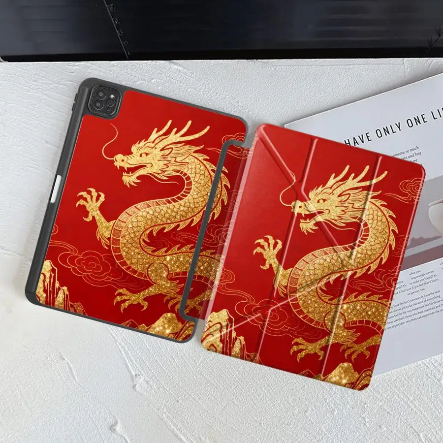 

Tablet Case For iPad Air M2 1 2 M4 Mini 7 6 Pro 10th 7th 11th 9th 8th Air 2025 4 5 M3 Holder Cover Red Chinese Loong