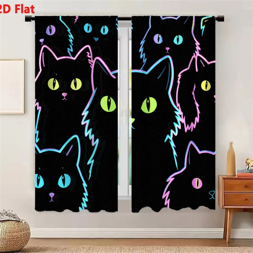 2Pcs Curtains 2D Flat Black Background Neon Outlined Silhouette Cats With Colorful Eyes And Noses Window Drapes for Bedroom Room