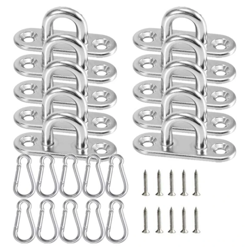 10 Pcs Stainless Steel Pad Eye Plate U Hook,10 Pcs Stainless Steel Snap Hook,Marine Hardware Staple Hook Loop With Screw