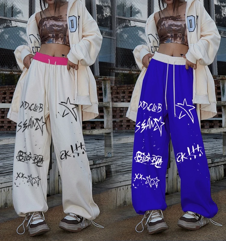 

Jazz Hip Hop Dance Straight Leg Cotton Casual Pants Street Style High Waist Loose Wide Leg Drawstring Trousers
