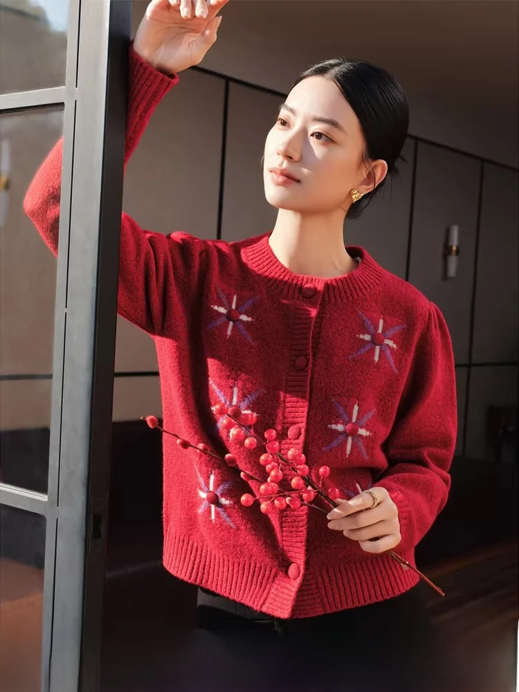 

Red Knitted Sweater round Ne Open Cardigan Women's Winter Faion Vintage Sle Warm Thiened Long Sve Woolen Top