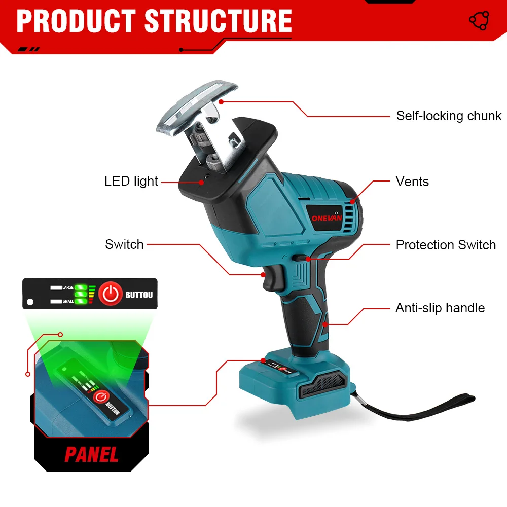 ONEVAN 3600W 12000SPM Brushless Cordless Electric Reciprocating Saw Variable Speed Metal Wood Cutter Tool For Makita 18V Battery