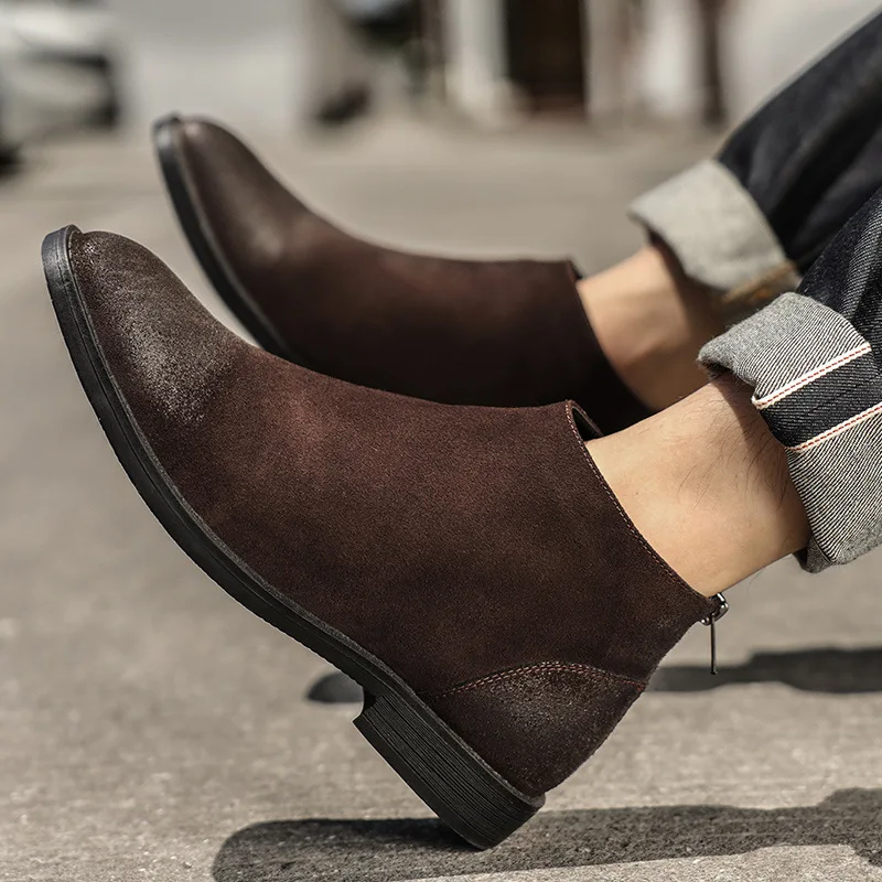 

New Vintage British Handmade Men Real Leather Shoes Zipper Designer Cow Suede Ankle Boots Cowboy Boots Work Chelsea Boots