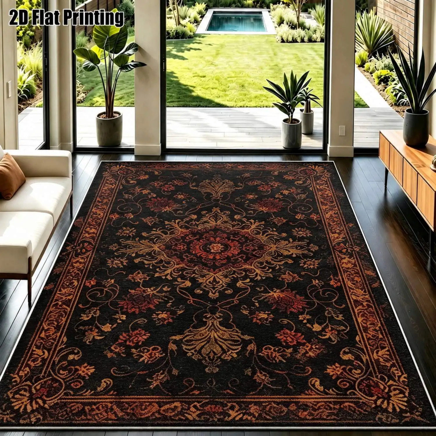 1Pc 2D Printed Velvet Floral Carpet, Black Gold Red European Retro Geometric, Machine Washable, Multi-Size for Home Decor, Entrance/Dining/Bedroom/Living Room