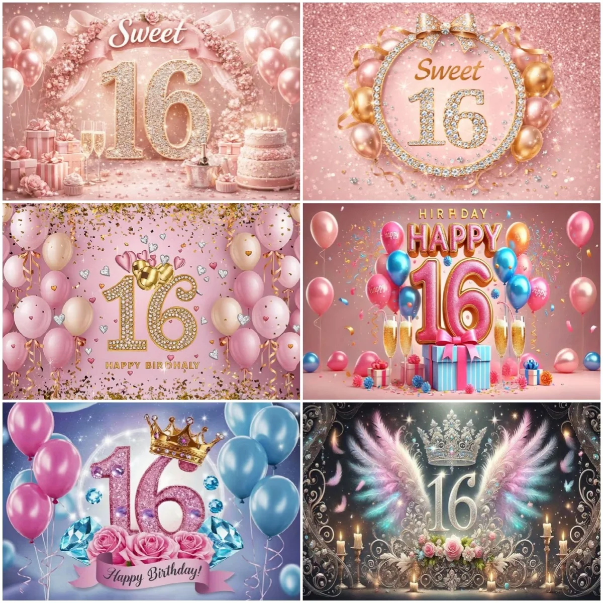 

Happy 16th Birthday Background Pink Glitter Balloon Backdrop Girls Boys Birthday Party Decoration Banner Portrait Photo Props