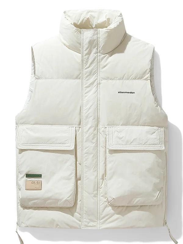 

Thiened White Du down Workwear Vest ex New Sle Stand Collar Multi-ket Warmth Outerwear Jaet for Youth