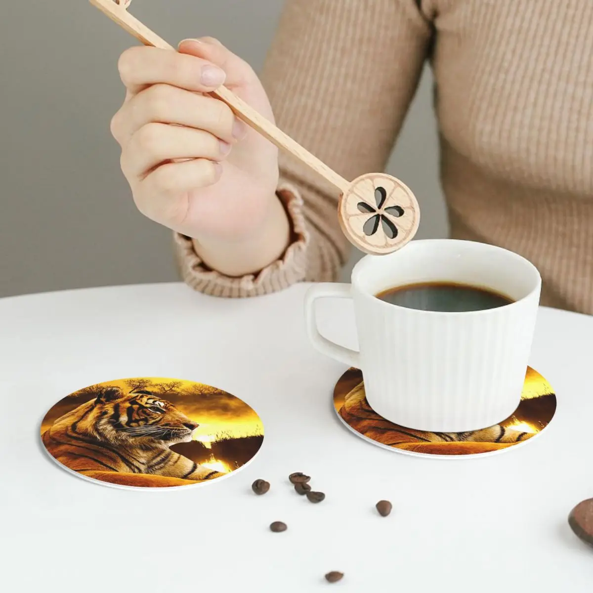 Tiger And Sunset Coasters PVC Leather Placemats Non-slip Coffee Mats for Home Kitchen Dining Pads Set of 6