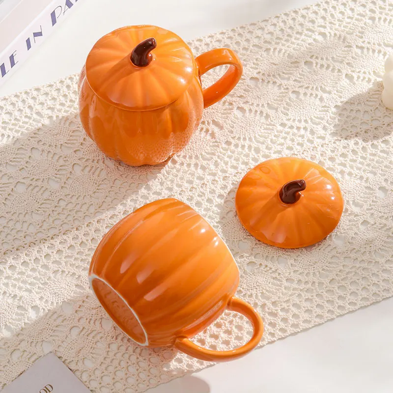 Picture 4: 1/2 PCS Cute Pumpkin Ceramic Mug with Lid, 450ml, Coffee Water Milk Oatmeal Cup, Gift for Christmas Halloween Easter Kids