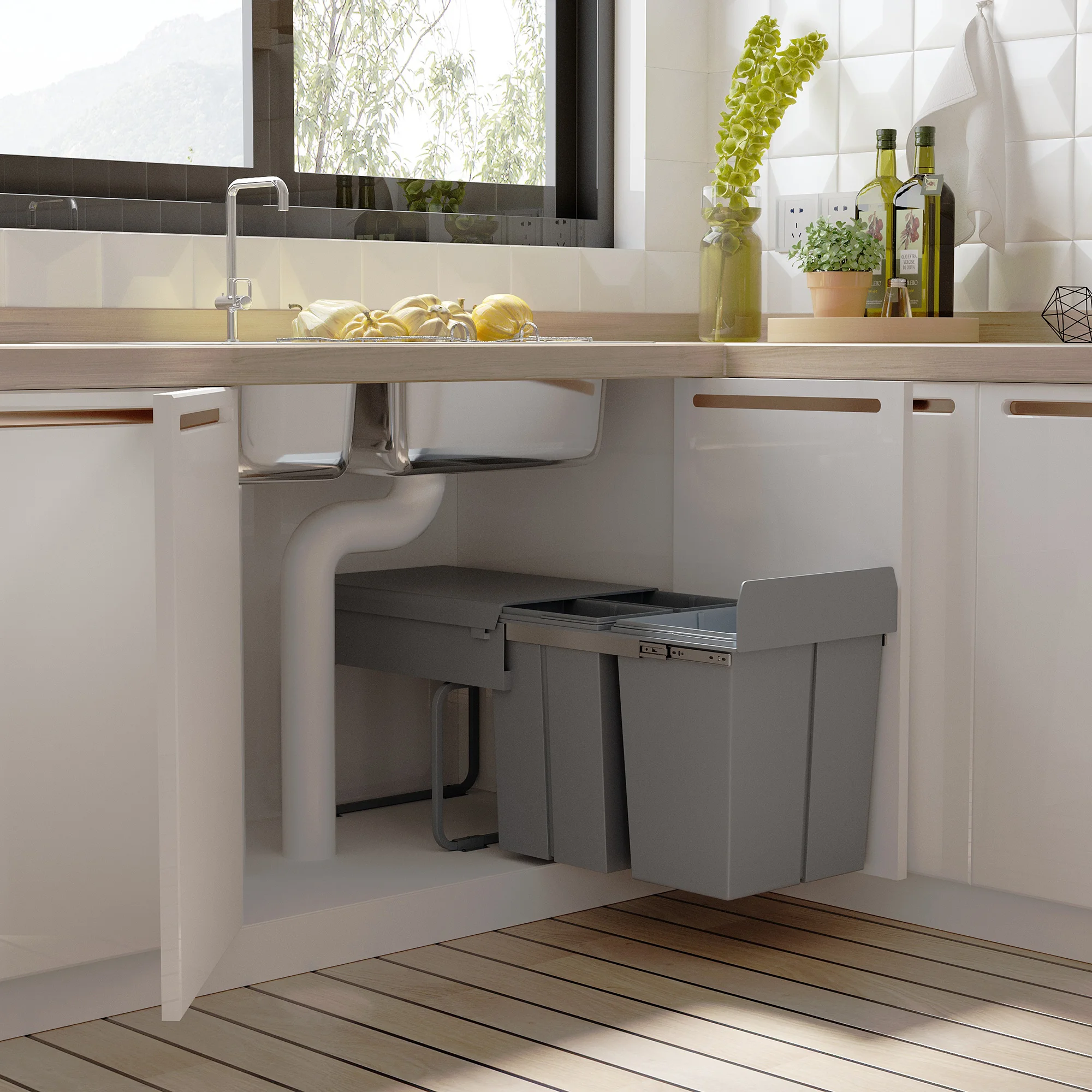 HOMCOM Papelera de Cocina con 3 Contenedores de Reciclaje 48x34,2x41,8 cm Gris