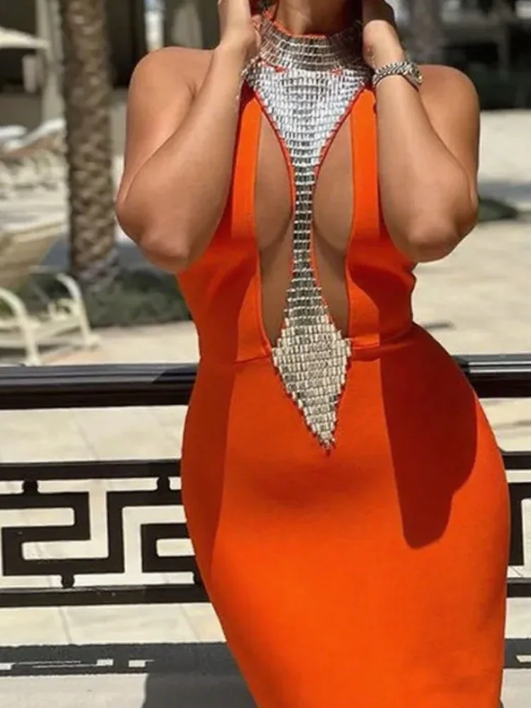 Evening Dresses Summer Women's Orange Sexy Luxury Sequins Sleeveless Hollow Long Bandage Dress Elegant Celebrity Party