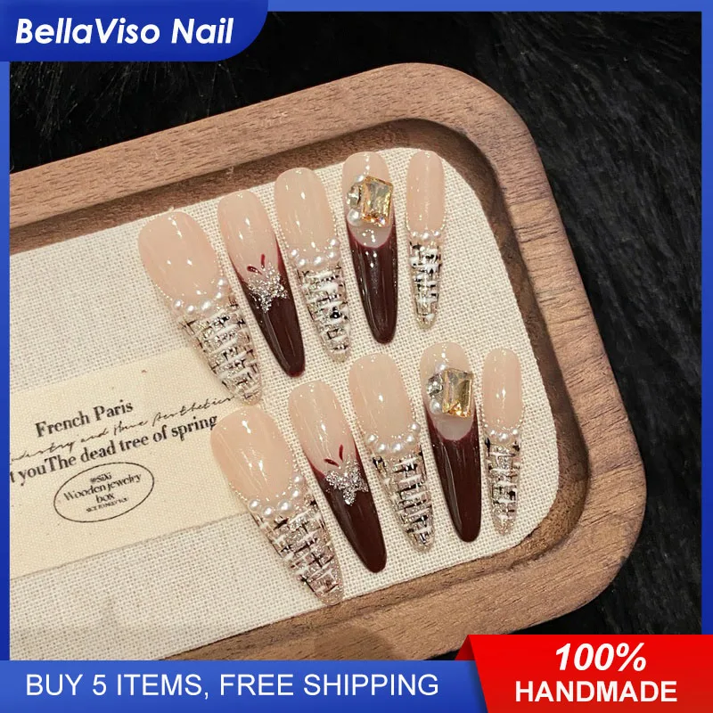 Elegancka królowa |   French 4.0cm Long Stiletto Press On Nails Fake Nails 10pcs Handmade Pearls Rhinestone Wearable Nail Art Tips