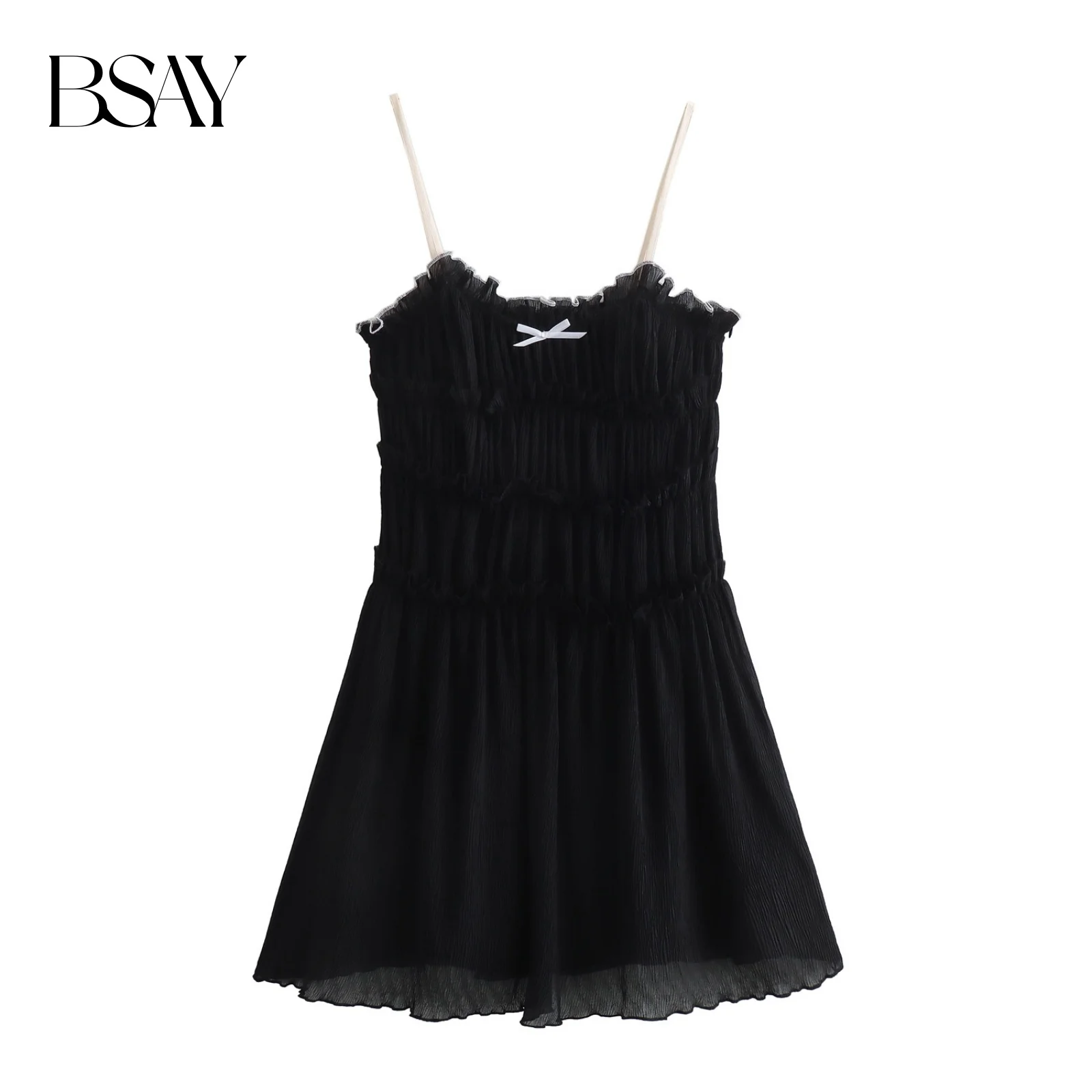 Bsay moda feminina verão em camadas emenda arco textura sem mangas sexy estilingue sem costas a linha mini vestido chique feminino noite