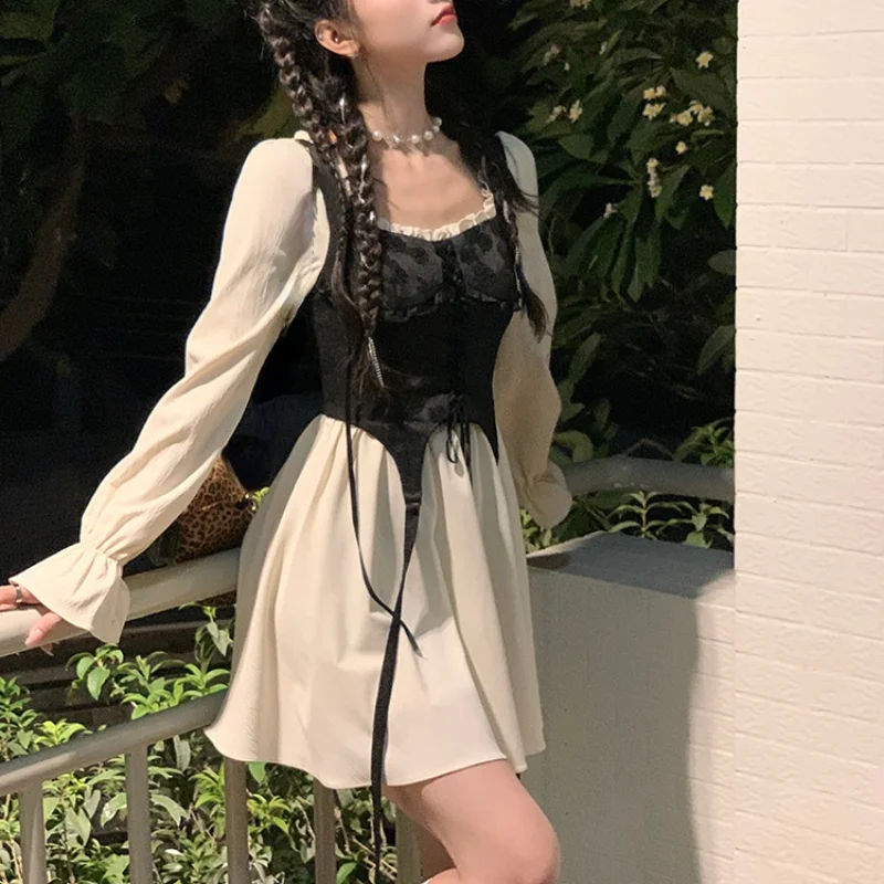 

Vintage Jacquard Patchwork Mini Dress Women Gothic Casual Long Sleeve Elegant Square Collar Y2k Party Dresses Korean 2023 Spring