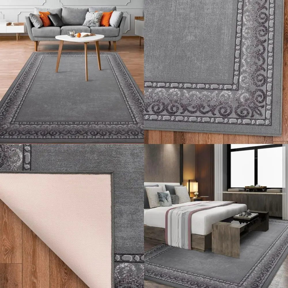 

Contemporary Bordered 8x10 Non-Slip Low Pile Rubber Backed Area Rug - Gray, 7'10 x 10' Indoor