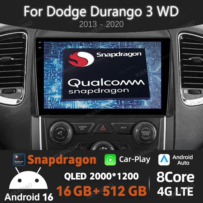 Radio para Auto Android 16 para Dodge Durango 3 WD 2013 - 2020, Reproductor Multimedia Qualcomm, Estéreo, Video, QLED 2DIN, GPS, Navegación, 4G, WIFI, BT