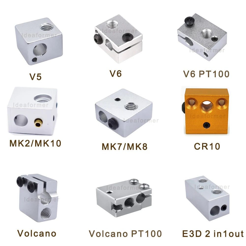 1 szt Blok grzejny E3D V5 V6 MK7 MK8 MK2 MK10 Volcano PT100 CR10 2 IN 1 OUT Aluminium/Mosiądz Do drukarki 3D Wytłaczarka Hotend J Head