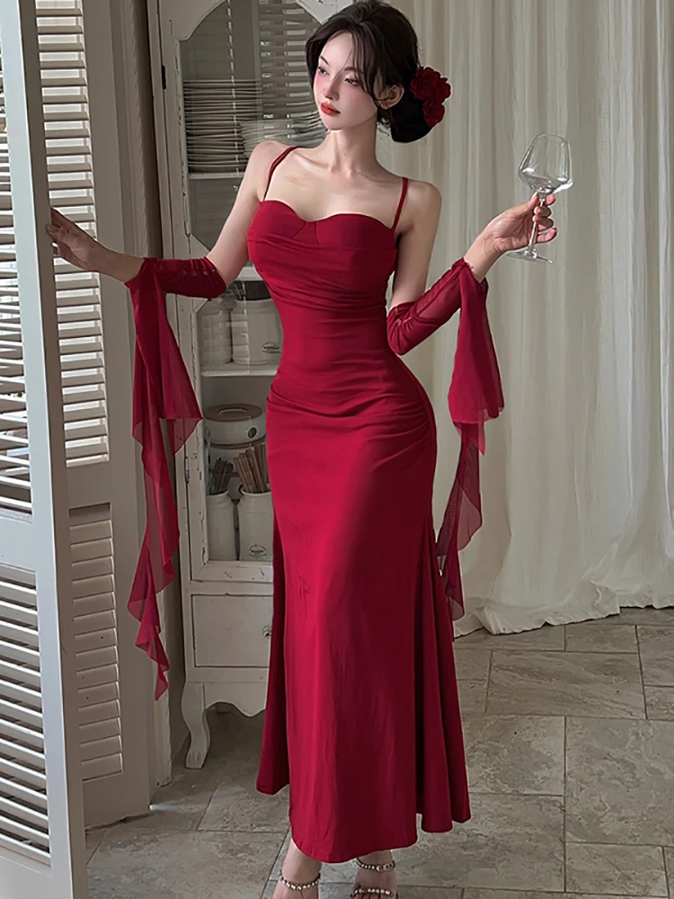 

Women Red Elegant Chic Square Collar Sexy Sling Dress Autumn Winter Korean Bodycon Long Dress 2025 Vintage Luxury Evening Dress
