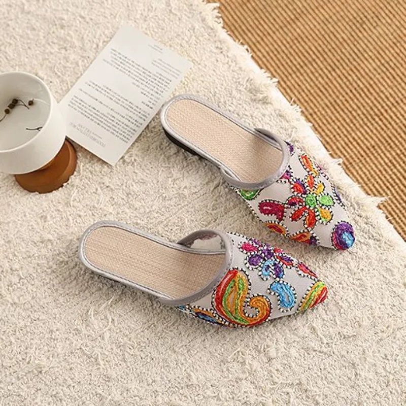 Traditional Women's Embroidered Slippers Summer Pointed Toe Soft Insole Indoor Outdoor Slip On Shoes view 5