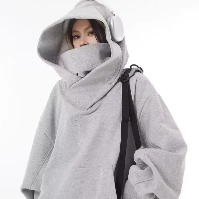 Sweater American trendy brand functional wind jacket high neck hooded sweater men's and women's niche design loose top