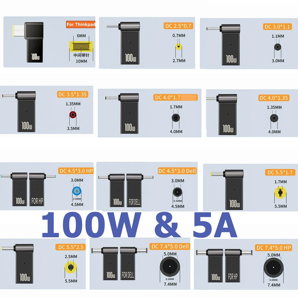 

100W 5A PD Converter Trigger Jack DC to Type C Female 5.5/7.4 Zinc Alloy with Light Head Power Adapter for Dell/HP/ASUS Laptop