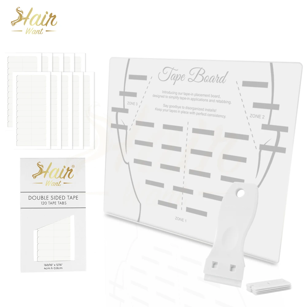 Hair Want Tape In Placement Board Kit 120Tabs Hair Extension Tape with Plastic Tape Remover Scraper for Tape In Extensions