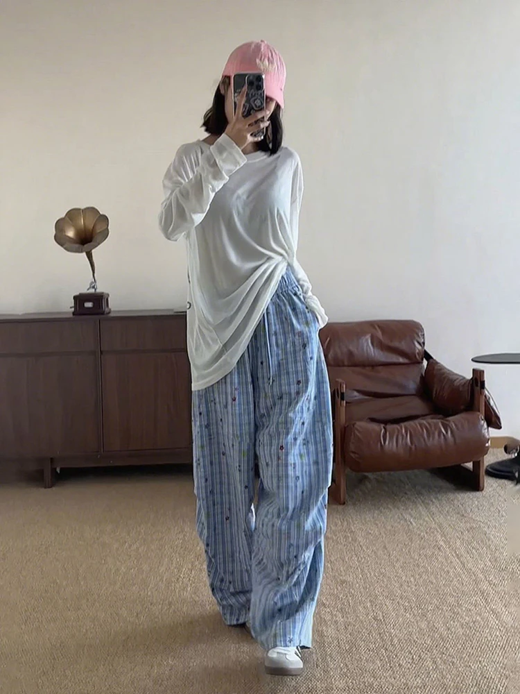 

Blue Plaid Pants Men Women Casual Loose BF Lazy Sle Wide Leg Long Trousers Autumn Slimming Straight Leg Pants Polyester Fiber