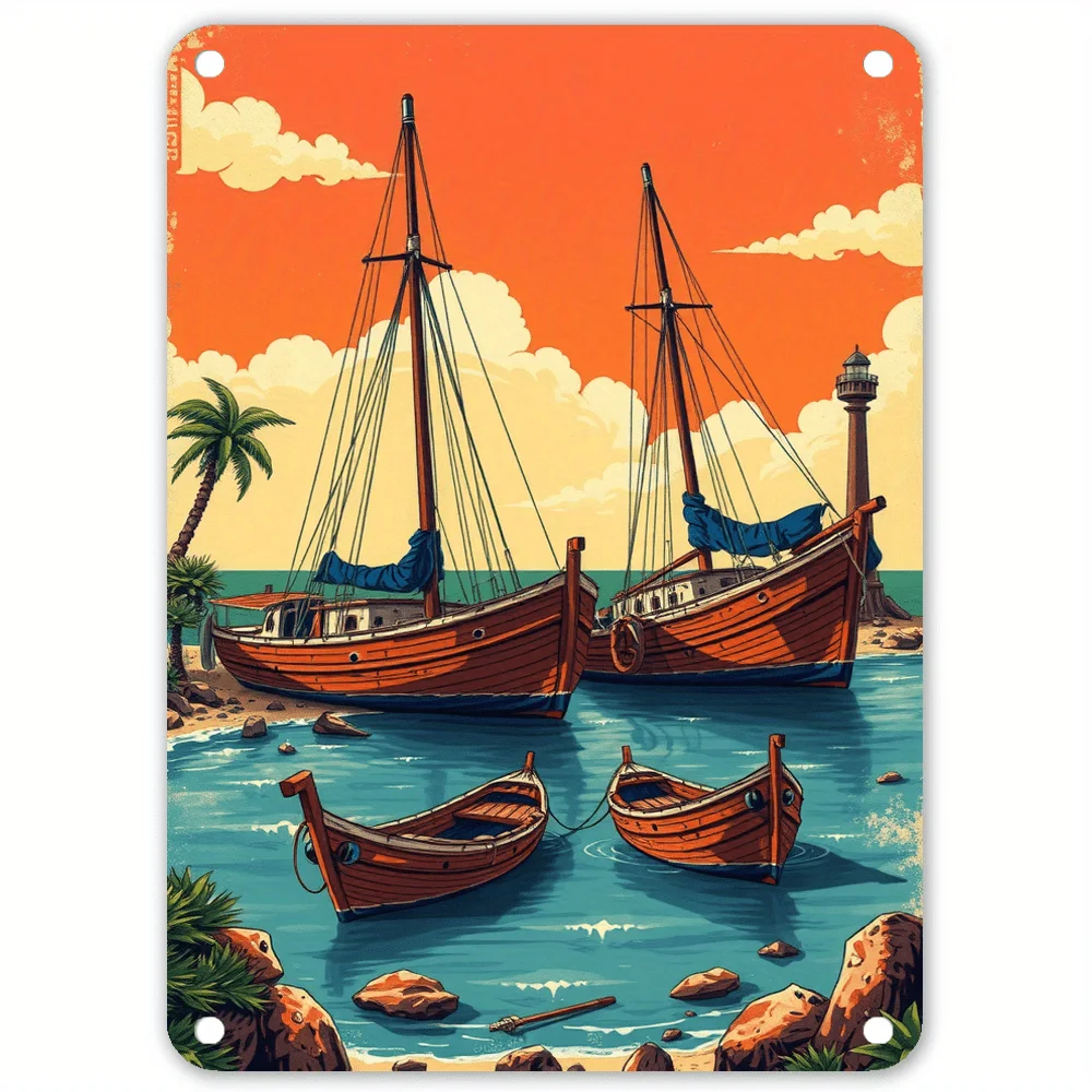 Ретро металлическая табличка с парусником, креативное плоское настенное украшение для кафе, ресторанов, пляжной темы