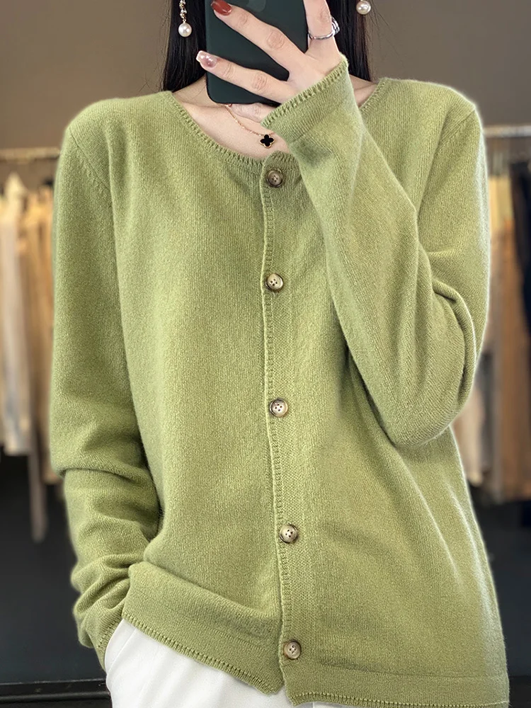 Ladies 100%Pure Wool Cardigan Casual Long Sleeve Knitted Coat Fancy Round Neck Loose Female Jacket Autumn Winter New Warm Blouse