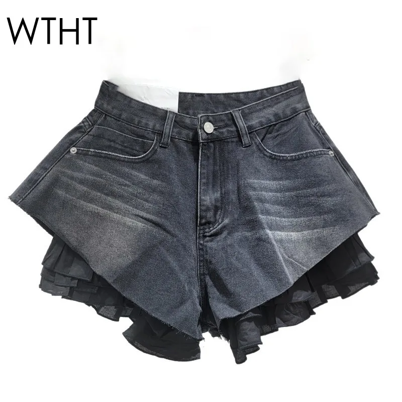 

WTHT модные новые женские джинсовые шорты с подкладкой в стиле пэчворк, лето 2021, модные широкие короткие брюки трапециевидной формы с высокой талией, женские 1LS2126