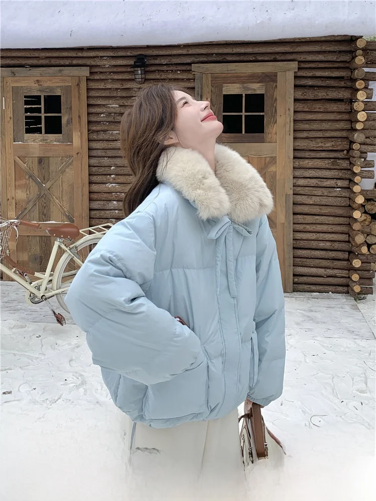 Blue Women's down Jaet Du down Bread Coat Large Fur Collar Winter Outerwear Straight Cut Long Sve Zipper Closure