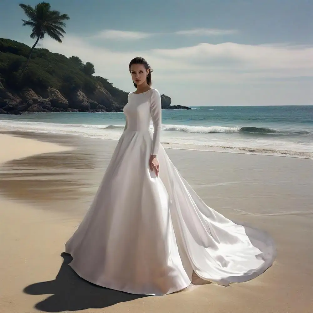 فستان زفاف إسلامي مخصص للنساء 2026 مغرفة كم كامل زي العرائس رائعة الظهر ذيل محكمة خط رداء دي ماري #4