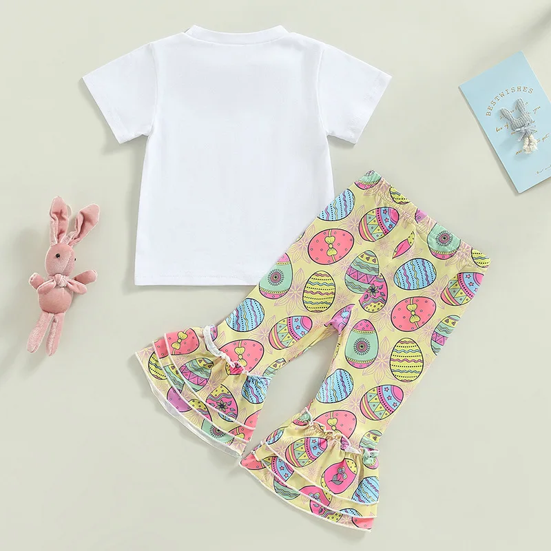 Easter Girls' New Set Rabbit Printed Short Sleeve Top Micro Pull Pants Two Piece Set