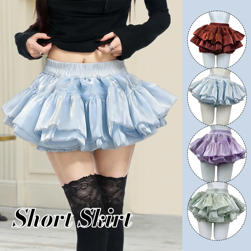 Pearlescent Satin Puff Skirt White Ballet Style High Waist Slim Ruffle Lolita Half Skirt For Sweet Girls Casual Fashion Outfit