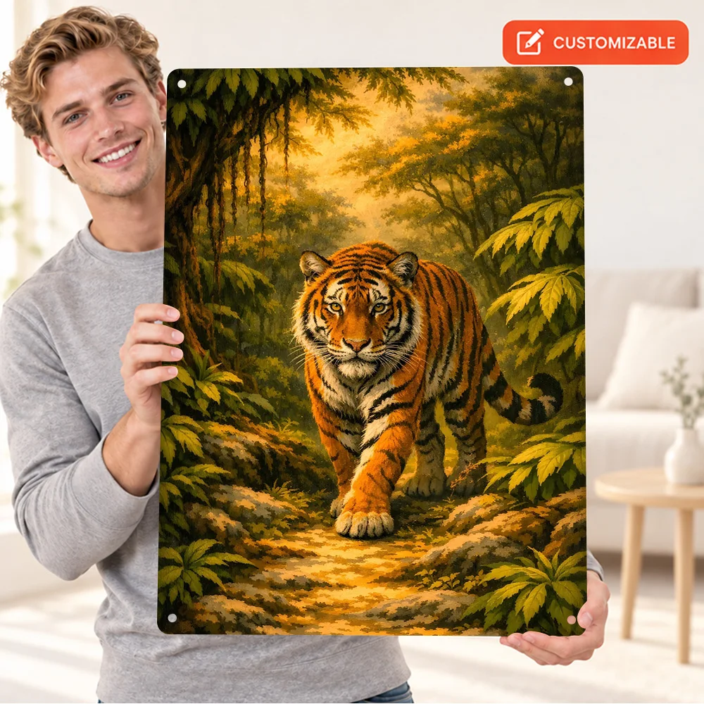 Bengal Tiger Walking In A Lush Tropical Forest Aluminum Poster Painterly Wall Art For Cabin Customized Metal Sign Collector Gift