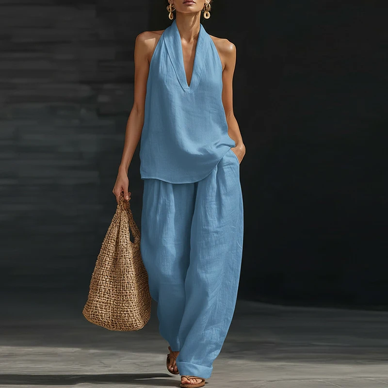 

New Summer Women Sleeveless Shirt Halter Vest High Waist Pocket Loose Pants Suit Women Casual Two Piece Female Loungewear Ses