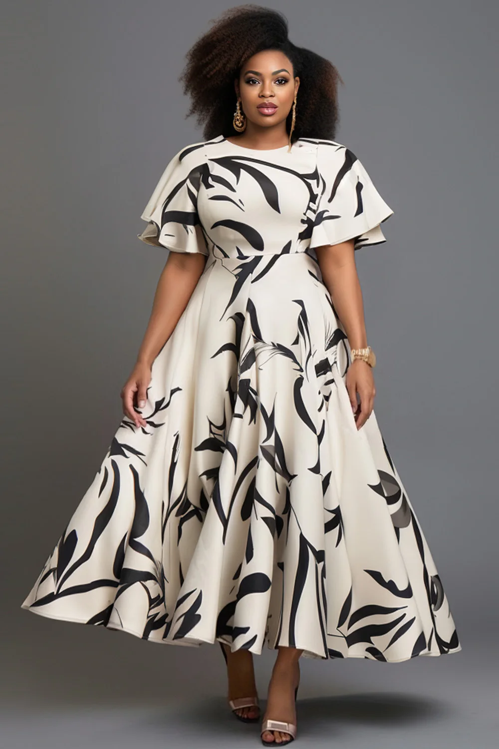 

Plus Size Churchs White All Over Print Round Neck Flutter Sleeve Short Sleeve Pocket Elegant Midi Dresses