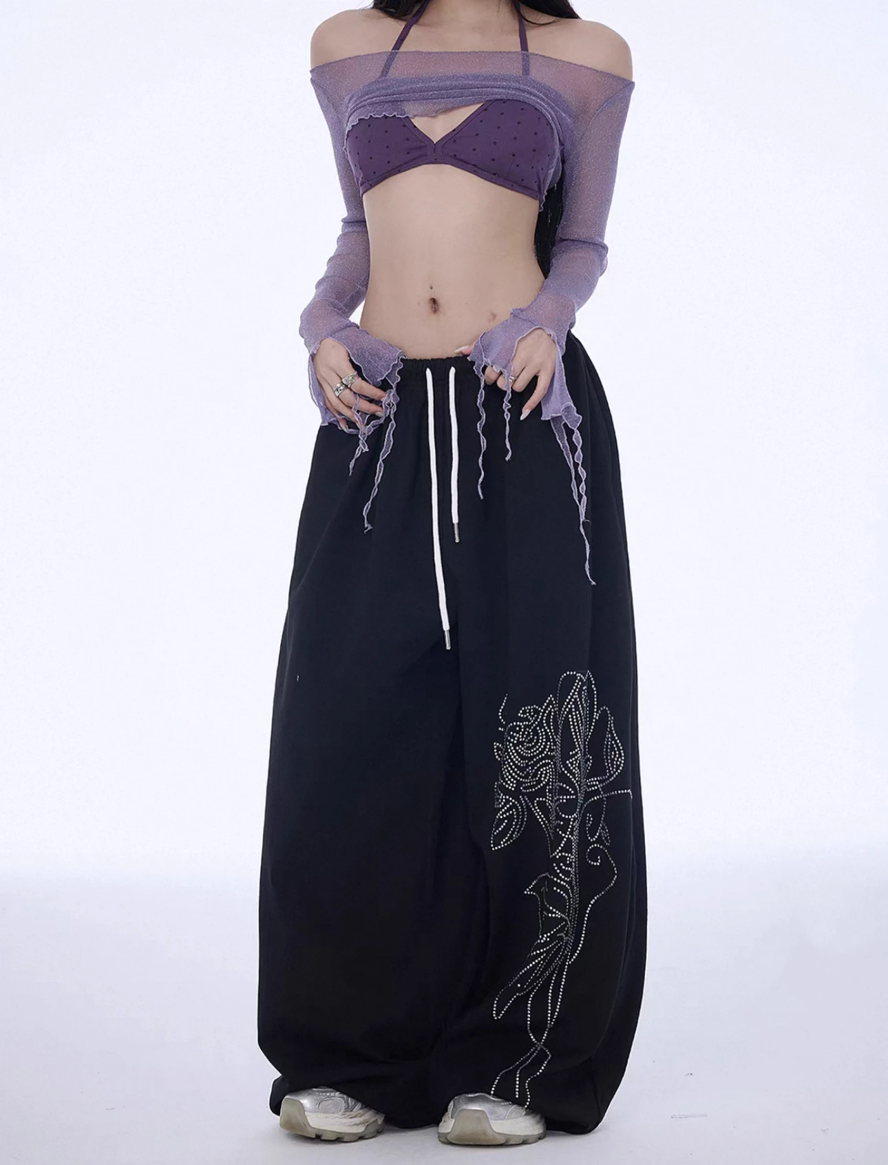 American Style Casual Loose Long Dance Pants Women's Jazz Wide Leg Pants Diamond Embellished Plant Floral Pattern Cotton Blend