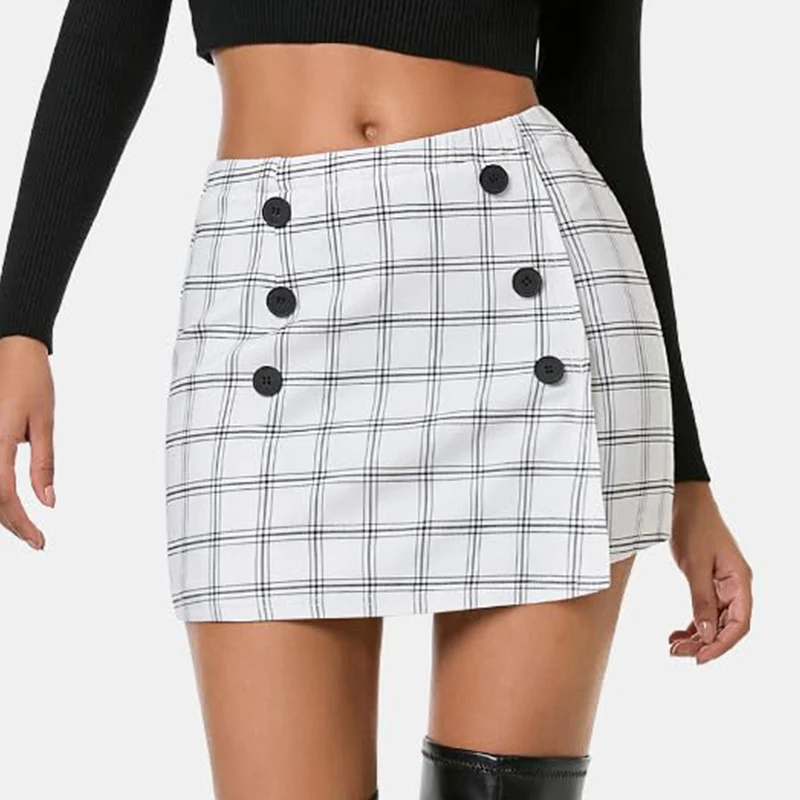 Europe American Plaid Sheath Woolen Short Mini Skirt Button Decor High Waist Bag Hip Stylish Fall Winter Matching Pencil Skirt