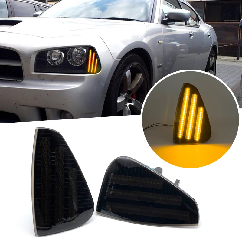 2PCS Dynamic LED Front Amber Turn Signal Lamp Corner Light For Dodge Charger 2006 2007 2008 2009 2010