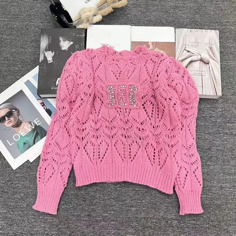 2024 Autumn New Women's Sweater Diamond Cut Out Knitted Top Women Vest Summer Korean Fashion Long Sleeve Top Women Knitwears