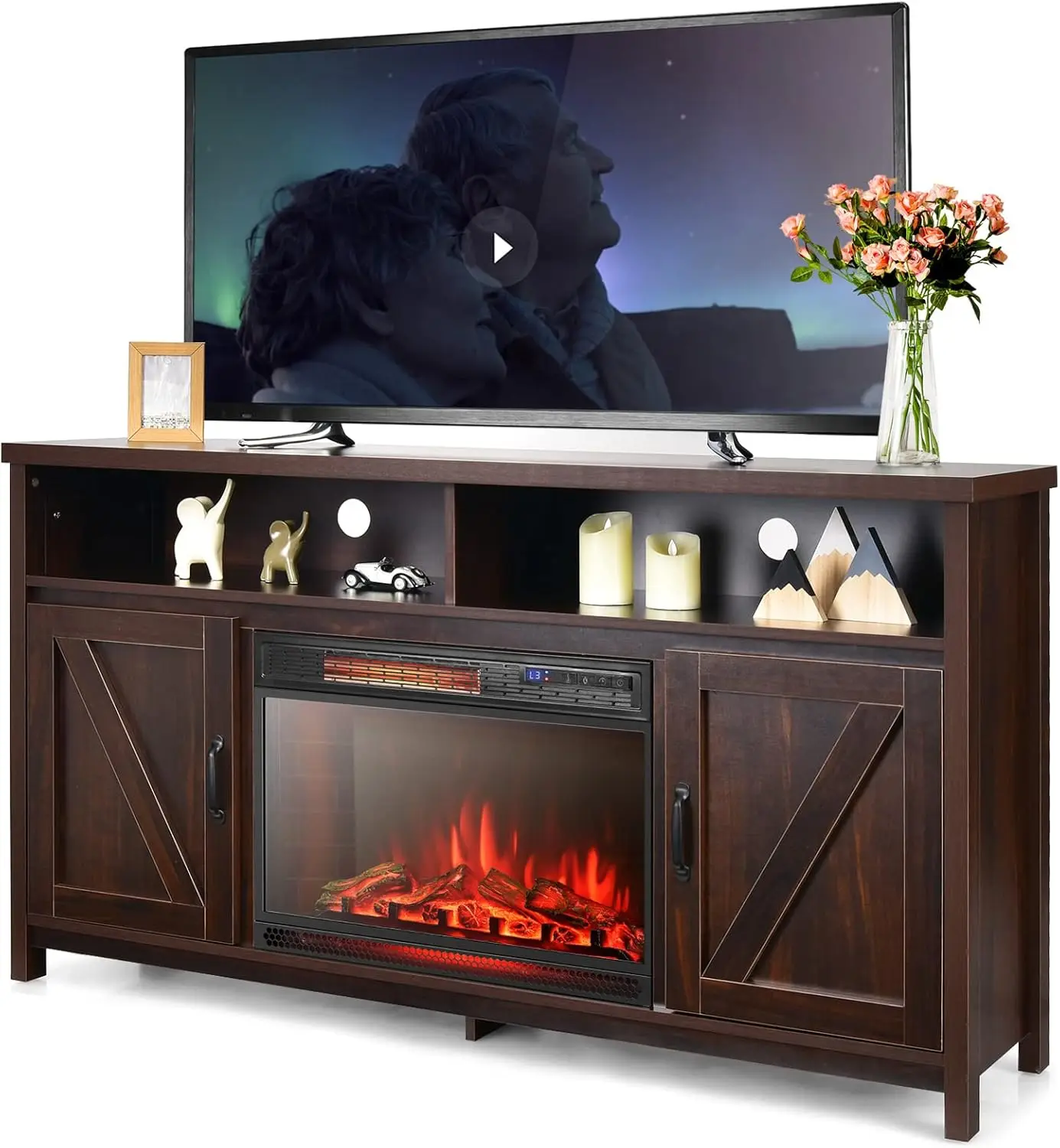 Electric Fireplace TV Stand, with 25 Inch 1350W Reccessed Faux Fireplace, 3 Flame Setting, 4 Brightness Remote Control